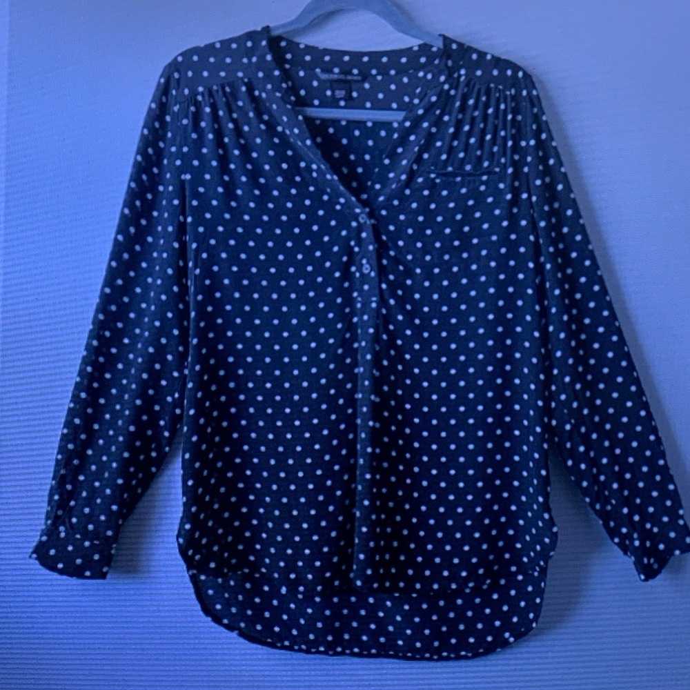 Polka Dot Long-Sleeve V-Neck Blouse - Navy/White